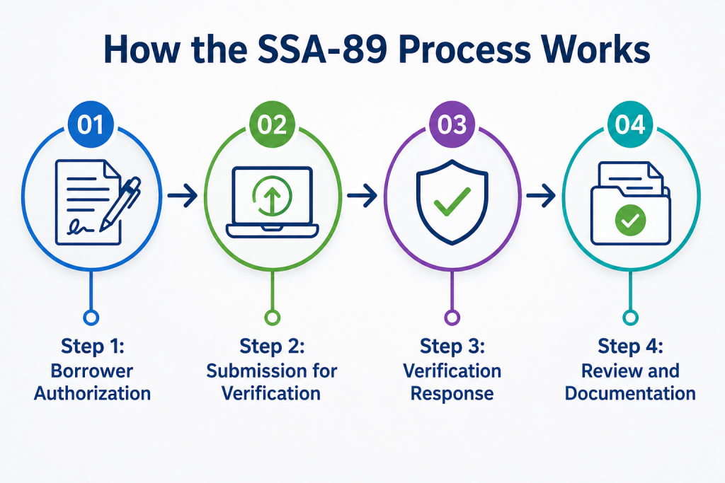 Infographic showing how the SSA-89 verification process works for lenders, including borrower authorization, submission for verification, verification response, and review and documentation steps used for identity verification and fraud prevention in lending.