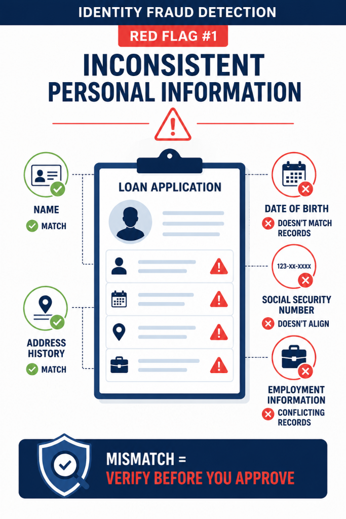 Identity fraud detection infographic showing inconsistent personal information, including mismatched name, date of birth, Social Security number, and employment records.