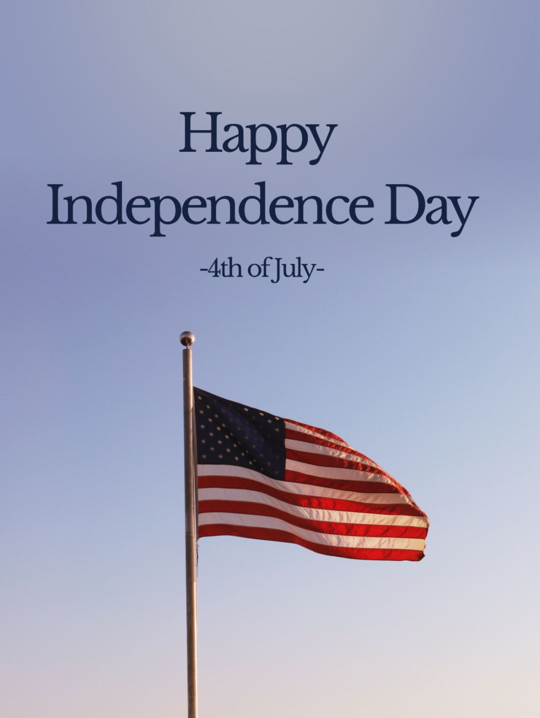 American flag waving beneath a Happy Independence Day message celebrating the Fourth of July.