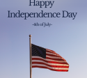 American flag waving beneath a Happy Independence Day message celebrating the Fourth of July.